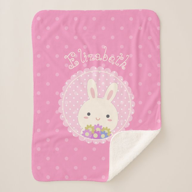 Girly Pink Cute Kawaii Bunny & Flowers Custom Name Sherpa Blanket (Front)