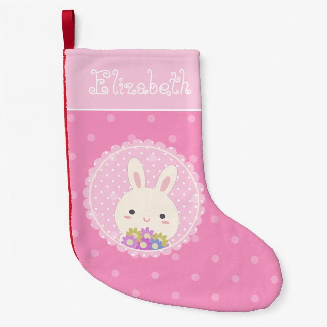 Girly Pink Cute Kawaii Bunny & Flowers Custom Name Small Christmas Stocking (Front)