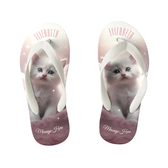 Girly Pink Cute Kitten with Angel Wings Kid's Flip Flops (Footbed)