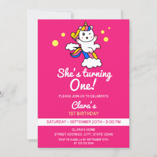 Girly Pink Cute Rainbow Unicorn 1st Birthday  Invitation