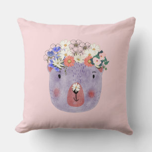 Girly pink cute wild animal with flowers nursery   cushion
