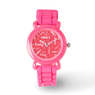 Girly Pink Cute Word Art Personalised Name Girls Watch