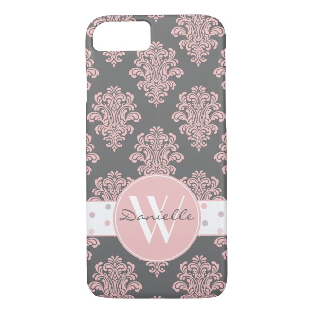 Girly Pink Damask Monogram Case-Mate iPhone Case (Back)