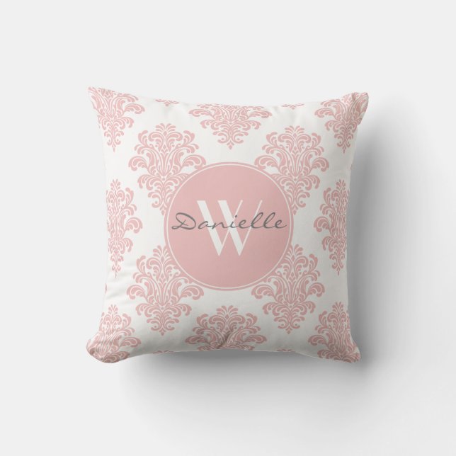 Girly Pink Damask Monogram Cushion (Front)