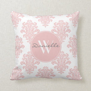 Girly Pink Damask Monogram Cushion