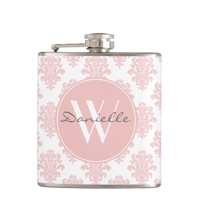 Girly Pink Damask Monogram Hip Flask (Front)