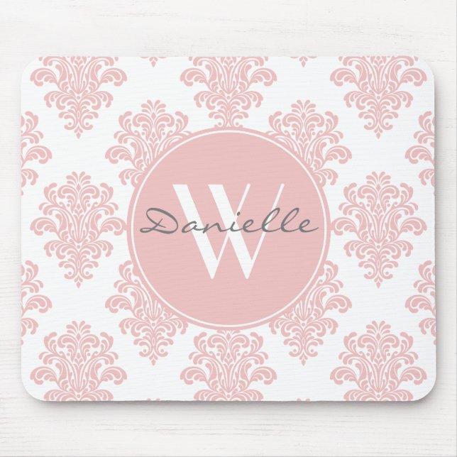 Girly Pink Damask Monogram Mouse Mat (Front)
