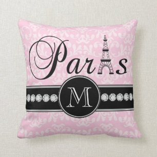 Girly Pink Damask Paris Monogrammed Cushion