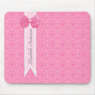 Girly Pink Damask Pattern Cute Bow With Name Mouse Mat