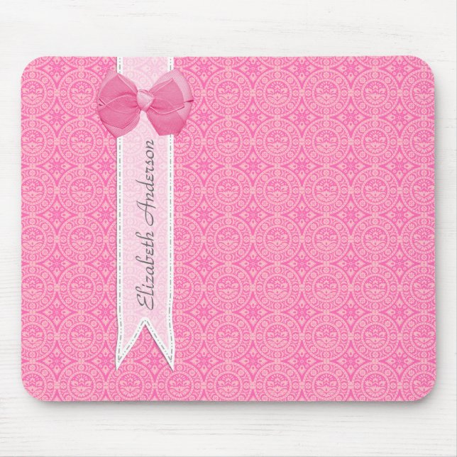 Girly Pink Damask Pattern Cute Bow With Name Mouse Mat (Front)