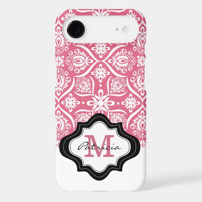 Girly Pink Damask Pattern  Monogram  Name Case-Mate iPhone Case (Back)