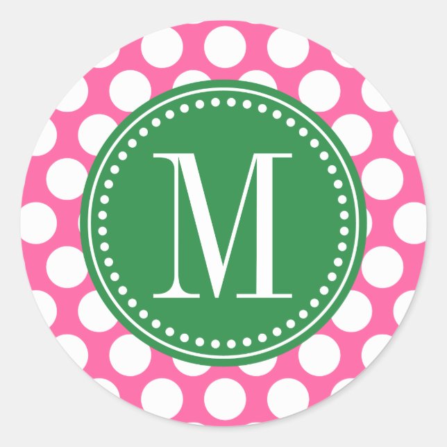 Girly Pink & Dark Green Big Polka Dots Monogrammed Classic Round Sticker (Front)