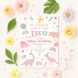 Girly Pink Dinosaur 2nd Birthday Invitation