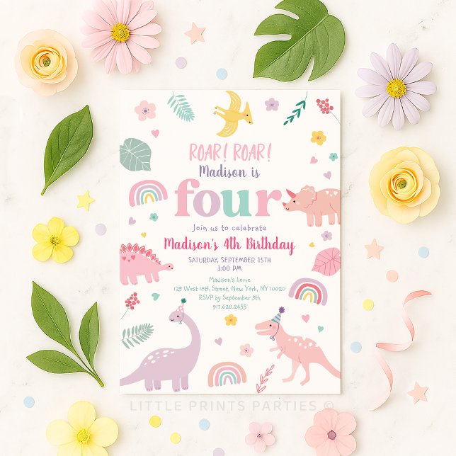 Girly Pink Dinosaur 4th Birthday Invitation (Creator Uploaded)