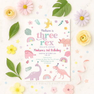 Girly Pink Dinosaur Three Rex Birthday Invitation