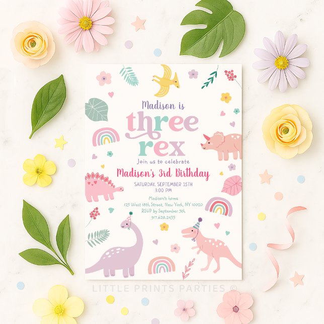 Girly Pink Dinosaur Three Rex Birthday Invitation (Creator Uploaded)