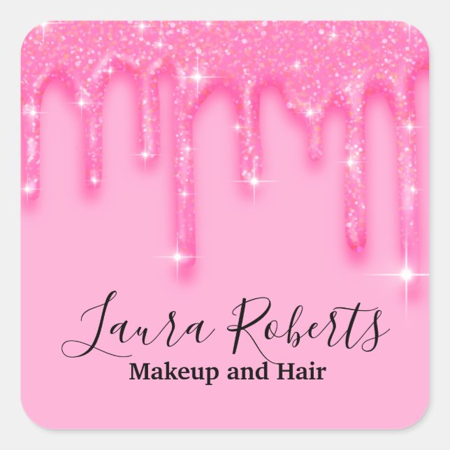 Girly Pink Dripping Glitter  Name Square Sticker (Front)