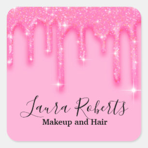 Girly Pink Dripping Glitter  Name Square Sticker
