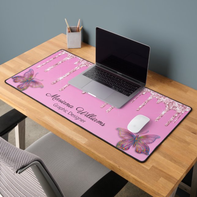 girly pink dripping glitters butterflies business desk mat (Office 2)
