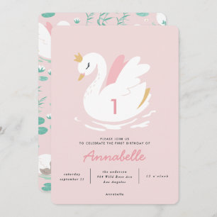 girly pink elegant swan children's  invitation