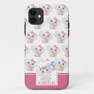 Girly Pink Elephant with Bow and Balloon Pattern iPhone 11 Case