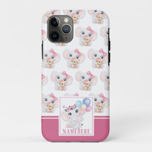 Girly Pink Elephant with Bow and Balloon Pattern iPhone 11 Pro Case
