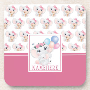 Girly Pink Elephant with Bow and Balloon Pattern Coaster