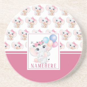Girly Pink Elephant with Bow and Balloon Pattern Coaster