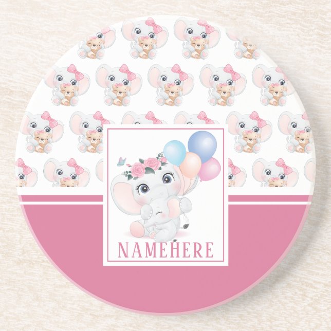 Girly Pink Elephant with Bow and Balloon Pattern Coaster (Front)