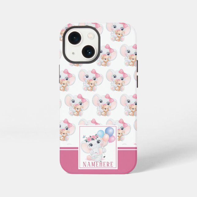 Girly Pink Elephant with Bow and Balloon Pattern iPhone Case (Back)