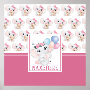 Girly Pink Elephant with Bow and Balloon Pattern Poster