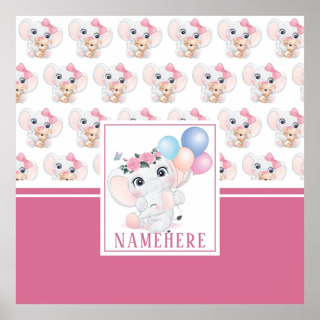 Girly Pink Elephant with Bow and Balloon Pattern Poster (Front)