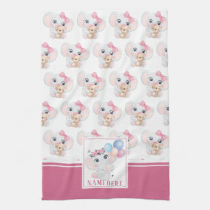 Girly Pink Elephant with Bow and Balloon Pattern Tea Towel