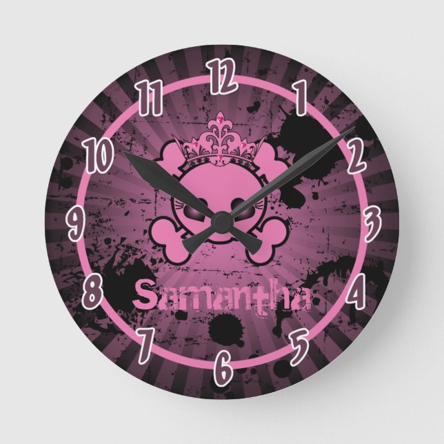 Girly Pink EMO Skull Rocker Personalised Clock (Front)
