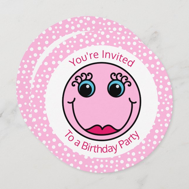 Girly Pink Emoji Face Birthday Party Invitation (Front/Back)
