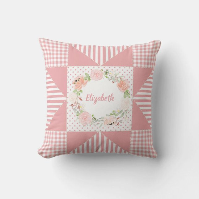 Girly Pink Evening Star Quilt Rose Wreath and Name Cushion (Front)
