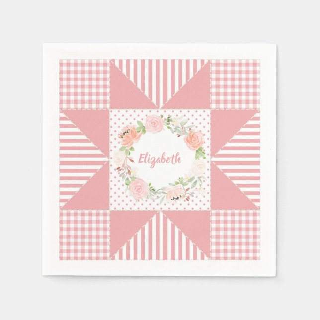 Girly Pink Evening Star Quilt Rose Wreath and Name Napkin (Front)