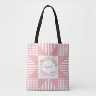 Girly Pink Evening Star Quilt Rose Wreath and Name Tote Bag