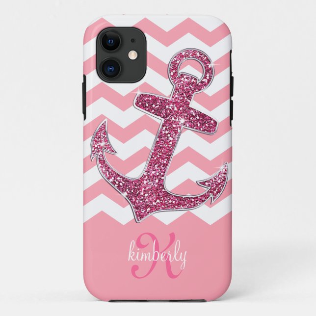 Girly Pink Faux Glitter Anchor Chevron Monogram Case-Mate iPhone Case (Back)