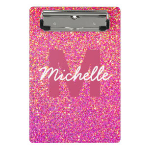 Girly Pink Faux Glitter Sparkle Monogram Name Mini Clipboard