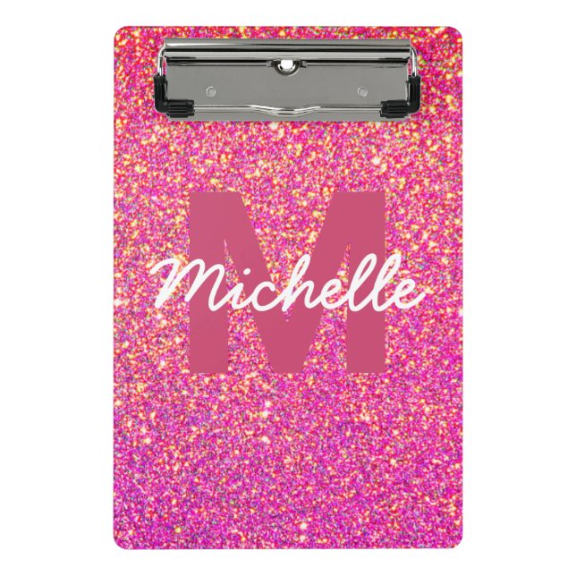 Girly Pink Faux Glitter Sparkle Monogram Name Mini Clipboard (Front)