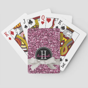 Girly Pink Faux Glitter with Ribbon and Monogram Playing Cards