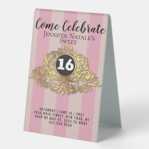 Girly Pink Faux Gold Foil Sweet 16 TableTent