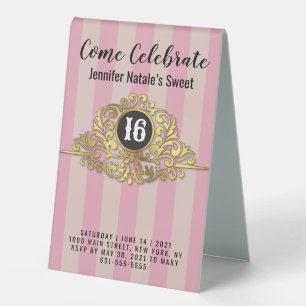 Girly Pink Faux Gold Foil Sweet 16 TableTent Table