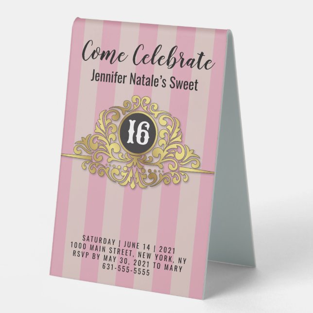 Girly Pink Faux Gold Foil Sweet 16 TableTent Table (Front)