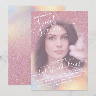 Girly Pink Faux Iridescent Glitter Photo Sweet 16 Invitation