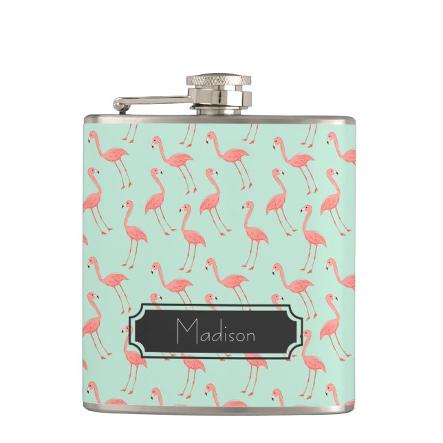Girly Pink Flamingo Pattern | Add Your Name Hip Flask (Front)