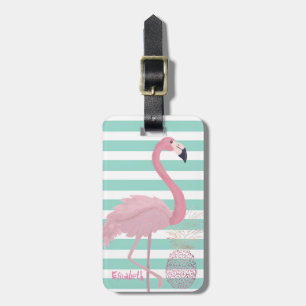 Girly Pink Flamingo,Pineapple Mint White Stripes Luggage Tag