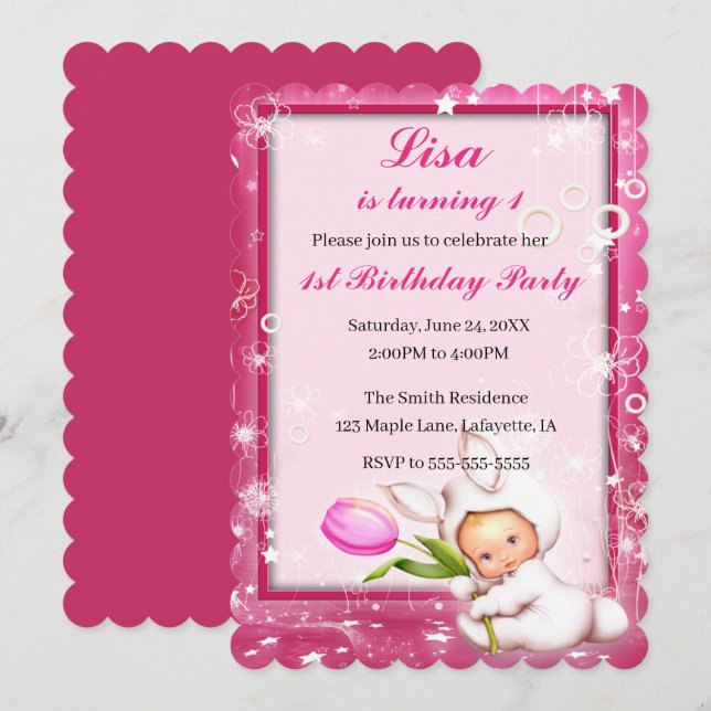 Girly Pink Floral Baby Bunny 1st Birthday Invitation (Front/Back)
