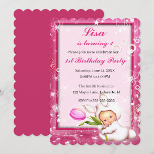 Girly Pink Floral Baby Bunny 1st Birthday Invitation